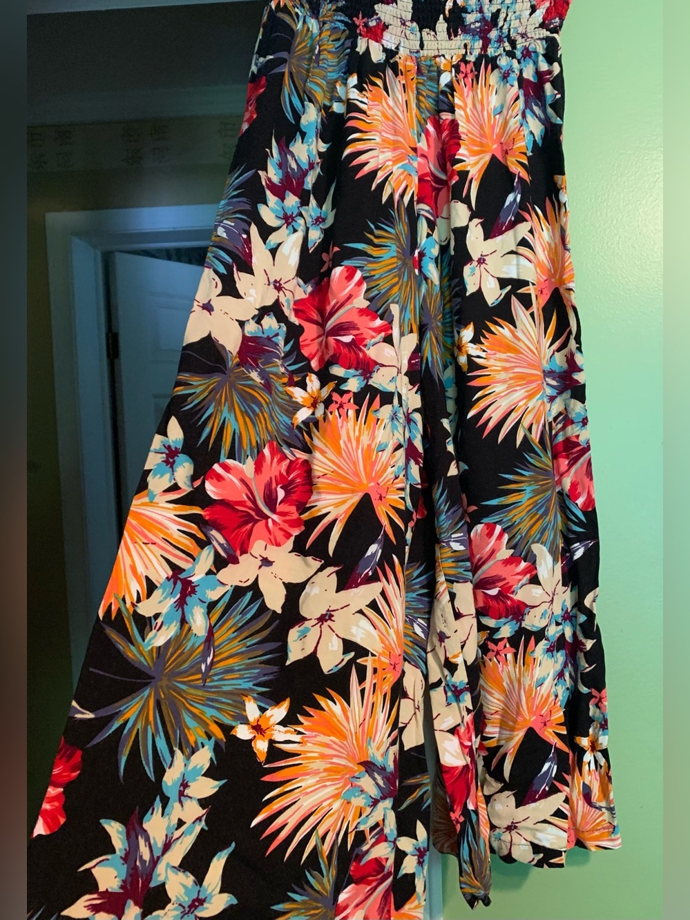 VENUS Black with Tropical Floral Print flare pants.